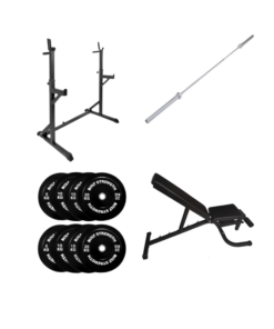 120KG Home Gym Package: Squat Stand , Adjustable Bench , Oly Bar & Bumper Plate Weights