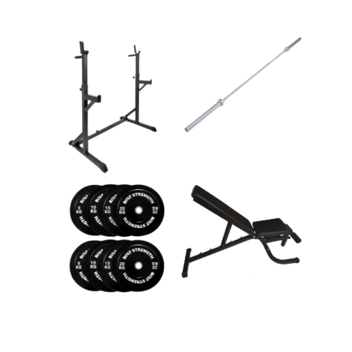 120KG Home Gym Package: Squat Stand , Adjustable Bench , Oly Bar & Bumper Plate Weights