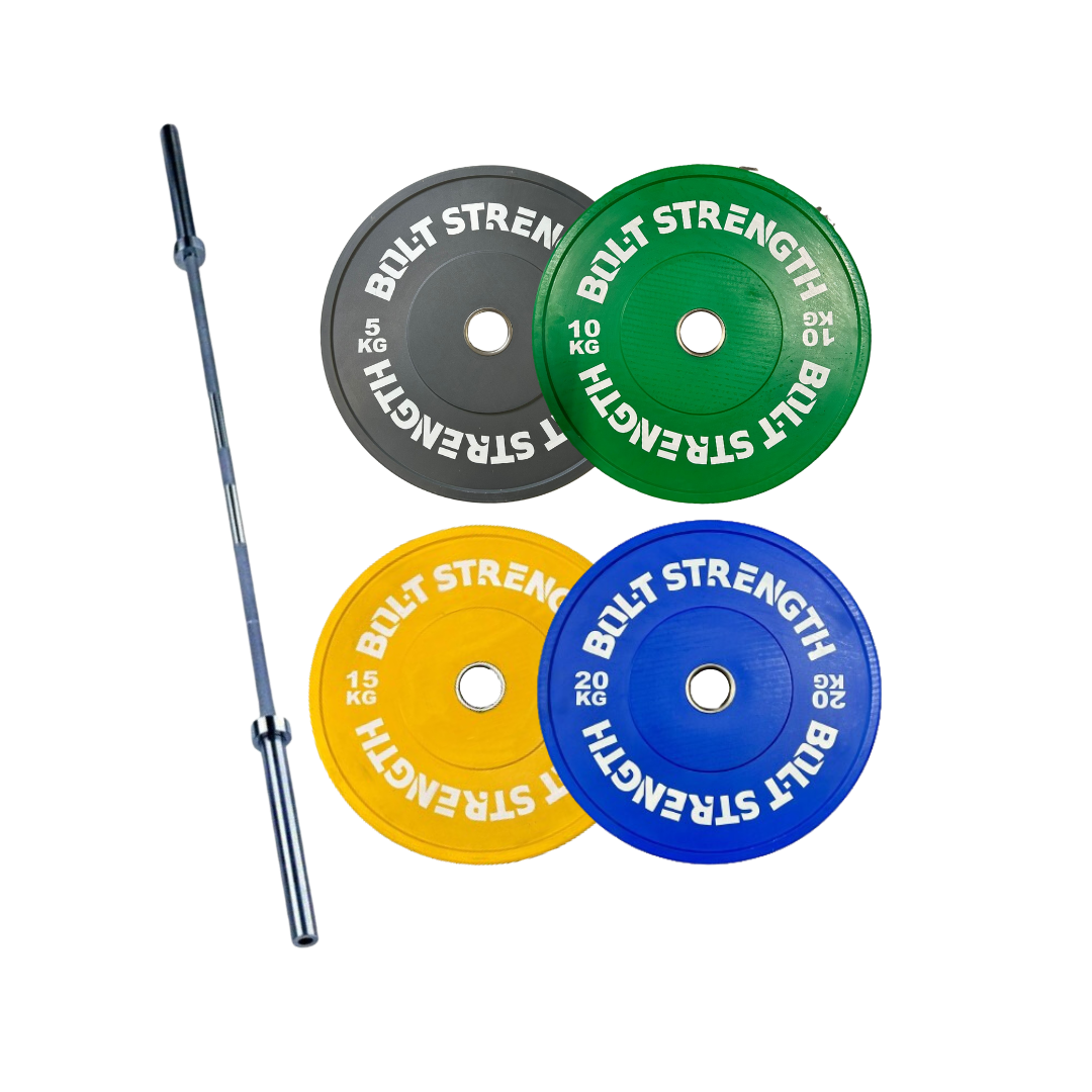 100Kg Coloured Bumper Plates 7ft Olympic Bar