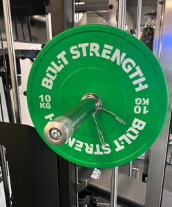 Bolt Strength Coloured Bumper Plate 10KG on a bar