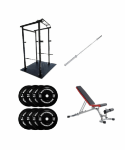 The 120KG perfect home gym package contents, including: Rack, flooring, bar, bench and weights