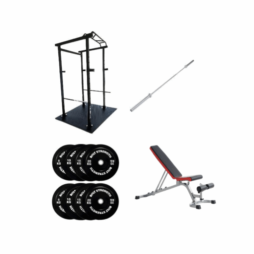 The 120KG perfect home gym package contents, including: Rack, flooring, bar, bench and weights