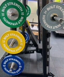 Bolt Strength Competition Bumper Plates on a rack