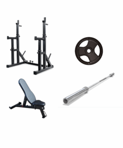 Home Gym Package: Squat Stand , Adjustable Bench , Oly Bar & 100kg Weights
