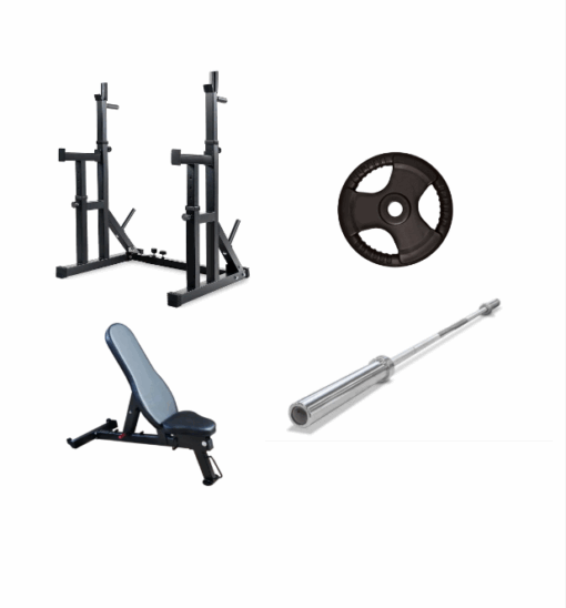Home Gym Package: Squat Stand , Adjustable Bench , Oly Bar & 100kg Weights