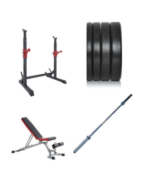 Home Gym Package: Squat Stand , Adjustable Bench , Oly Bar & 100kg Weights