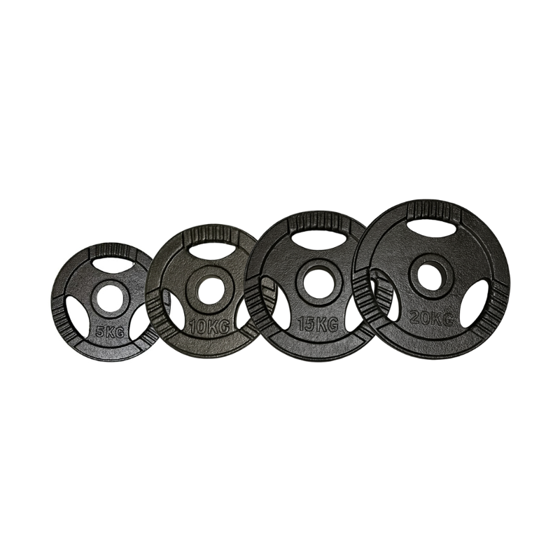 100kg Iron Tri Grip Plates in a line