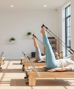 Studio Pilates Maple Reformer Black in a studio with people
